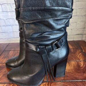 Guess Black Leather Heeled Boots with Fringe